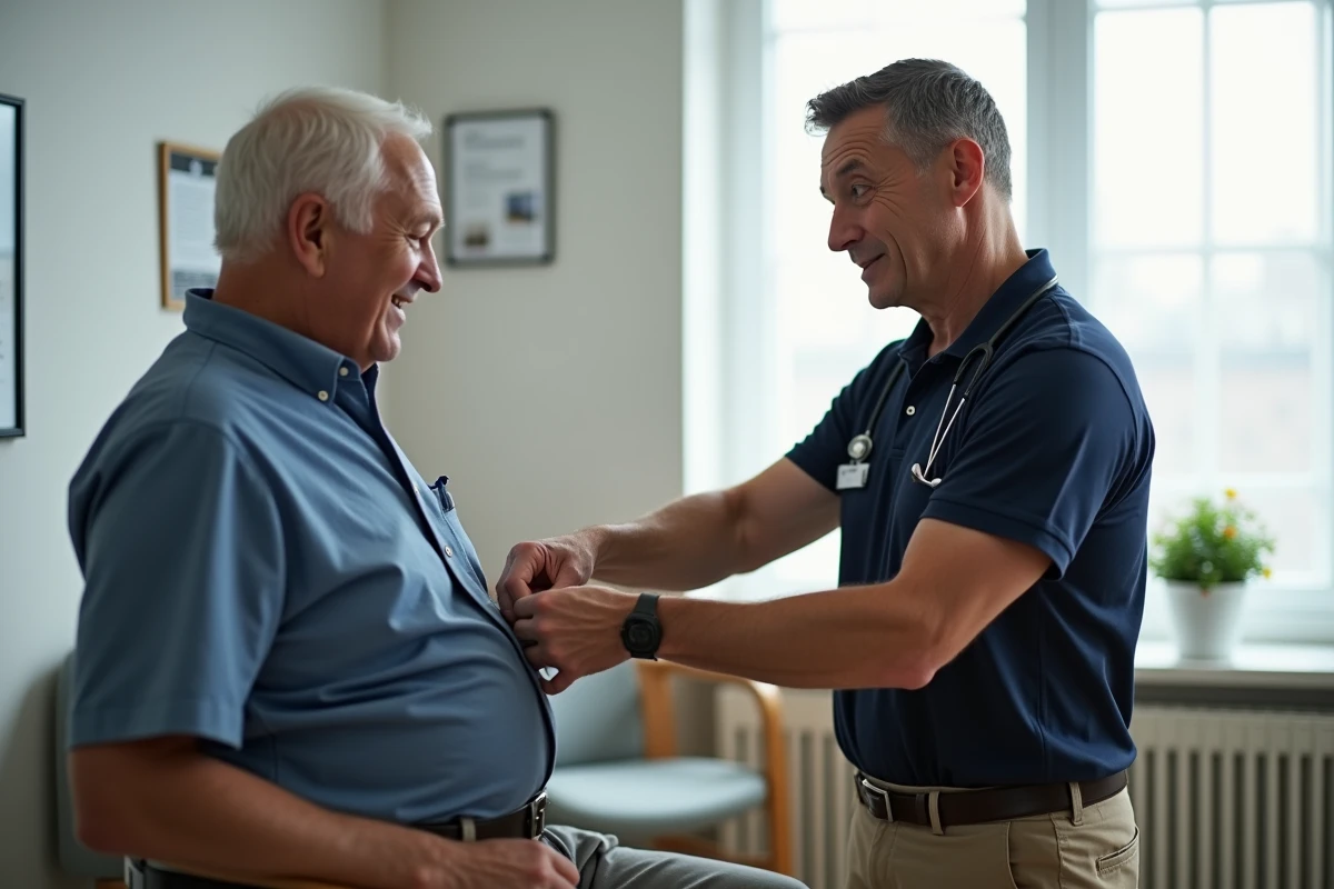 Professionnel de la sante aidant un senior lors d une evaluation