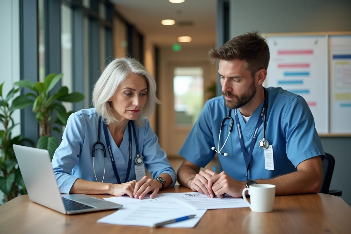 Deux professionnels de santé en EHPAD examinant un document de conformité sur la protection des données