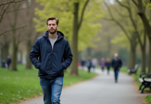 Homme en promenade dans un parc printanier