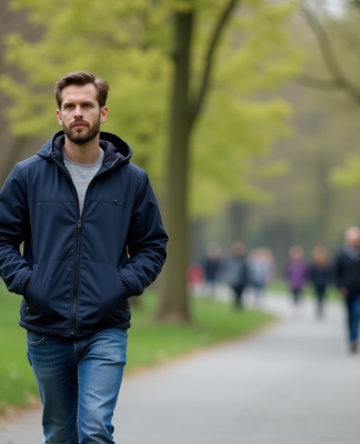 Homme en promenade dans un parc printanier