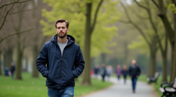 Homme en promenade dans un parc printanier
