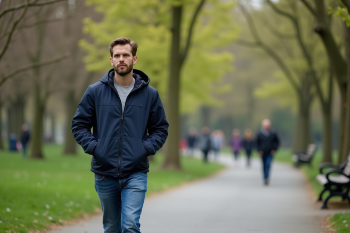 promeneur-parc-printemps Homme en promenade dans un parc printanier
