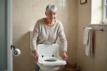 Personne âgée utilisant un rehausseur de WC dans une salle de bain adaptée au maintien à domicile