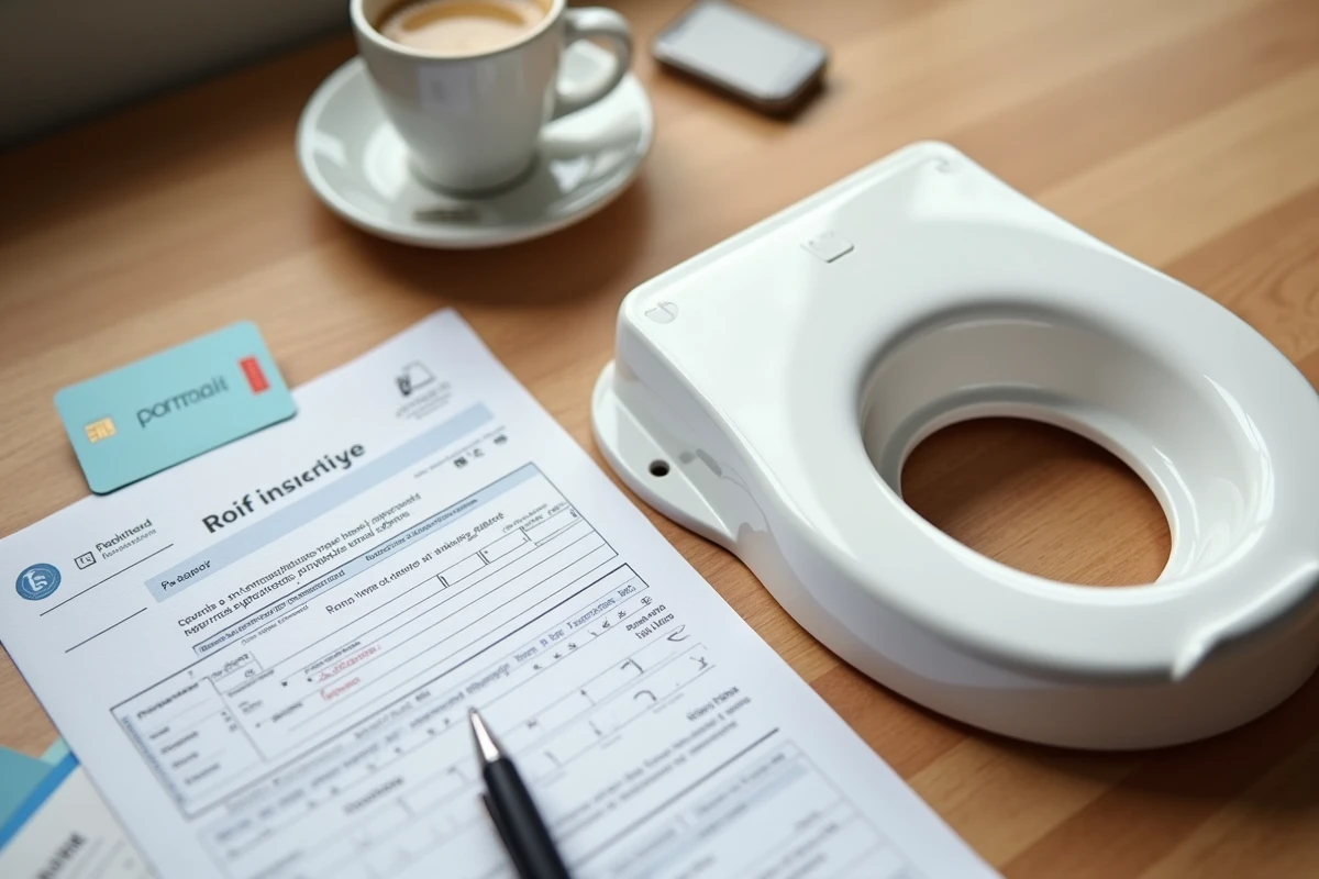 Dossier de remboursement rehausseur de WC avec carte vitale et ordonnance posés sur une table