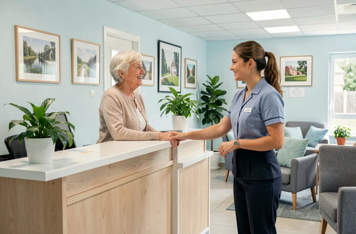 Accueil d'une résidente à l'entrée de la résidence autonomie Beauséjour à Méru