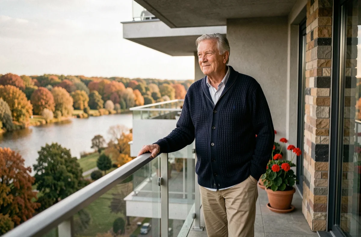 Résident sur le balcon de la résidence Montana à Compiègne avec vue sur la vallée de l'Oise