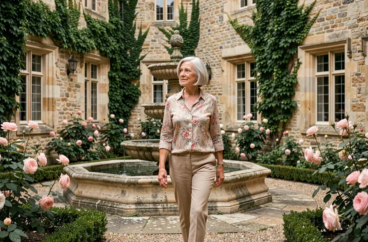 Résidente se promenant dans la cour historique de la résidence Adélaïde de Senlis