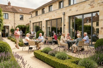 Résidence senior dans l'Oise avec des personnes âgées actives dans un jardin paysager