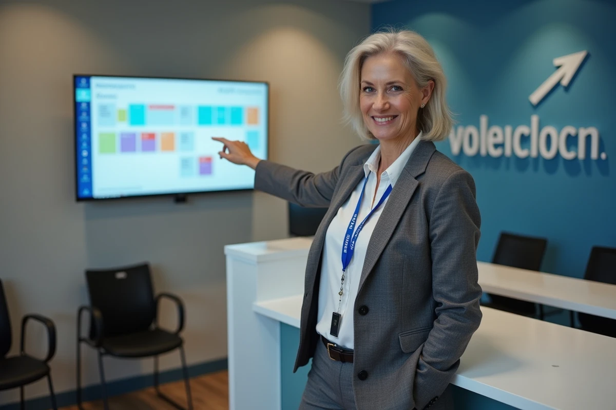 Responsable d'une agence de services à la personne présentant le tableau de bord de planification du logiciel Logifil sur un écran mural