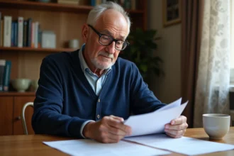 Retraité SNCF consultant ses documents de pension à la maison