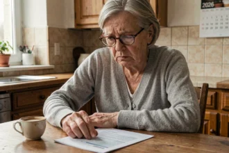 Femme retraitée inquiète qui examine son relevé bancaire montrant une baisse de sa pension de retraite en 2026