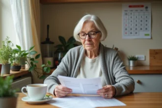 Retraitée consultant ses documents de pension Agirc-Arrco et relevé bancaire à la maison en 2026