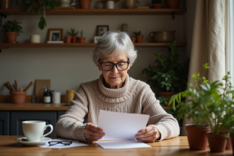 Femme retraitée lisant une lettre dans sa cuisine chaleureuse