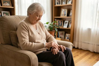 Femme âgée portant un bracelet anti-chute sans abonnement à son poignet, assise sereinement dans son salon