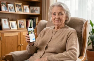 Femme âgée dans un fauteuil utilisant une application de suivi familial sur smartphone pour rester connectée à ses proches