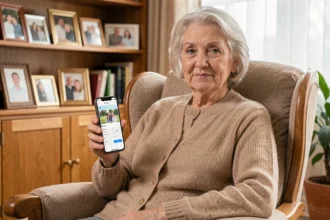 Femme âgée dans un fauteuil utilisant une application de suivi familial sur smartphone pour rester connectée à ses proches