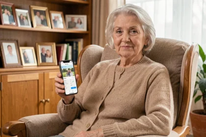 Femme âgée dans un fauteuil utilisant une application de suivi familial sur smartphone pour rester connectée à ses proches