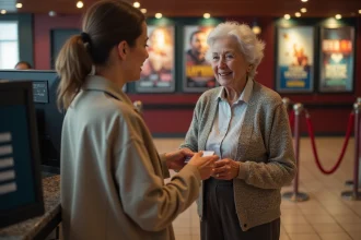 Femme senior souriante présentant sa carte au cinéma