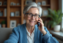 Femme senior souriante au téléphone dans un salon chaleureux