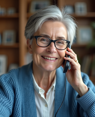 Femme senior souriante au téléphone dans un salon chaleureux