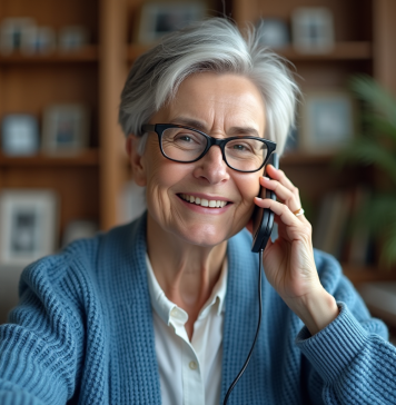 Femme senior souriante au téléphone dans un salon chaleureux