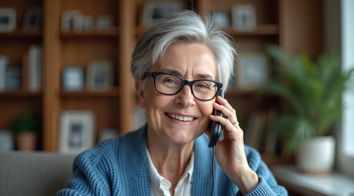 Femme senior souriante au téléphone dans un salon chaleureux