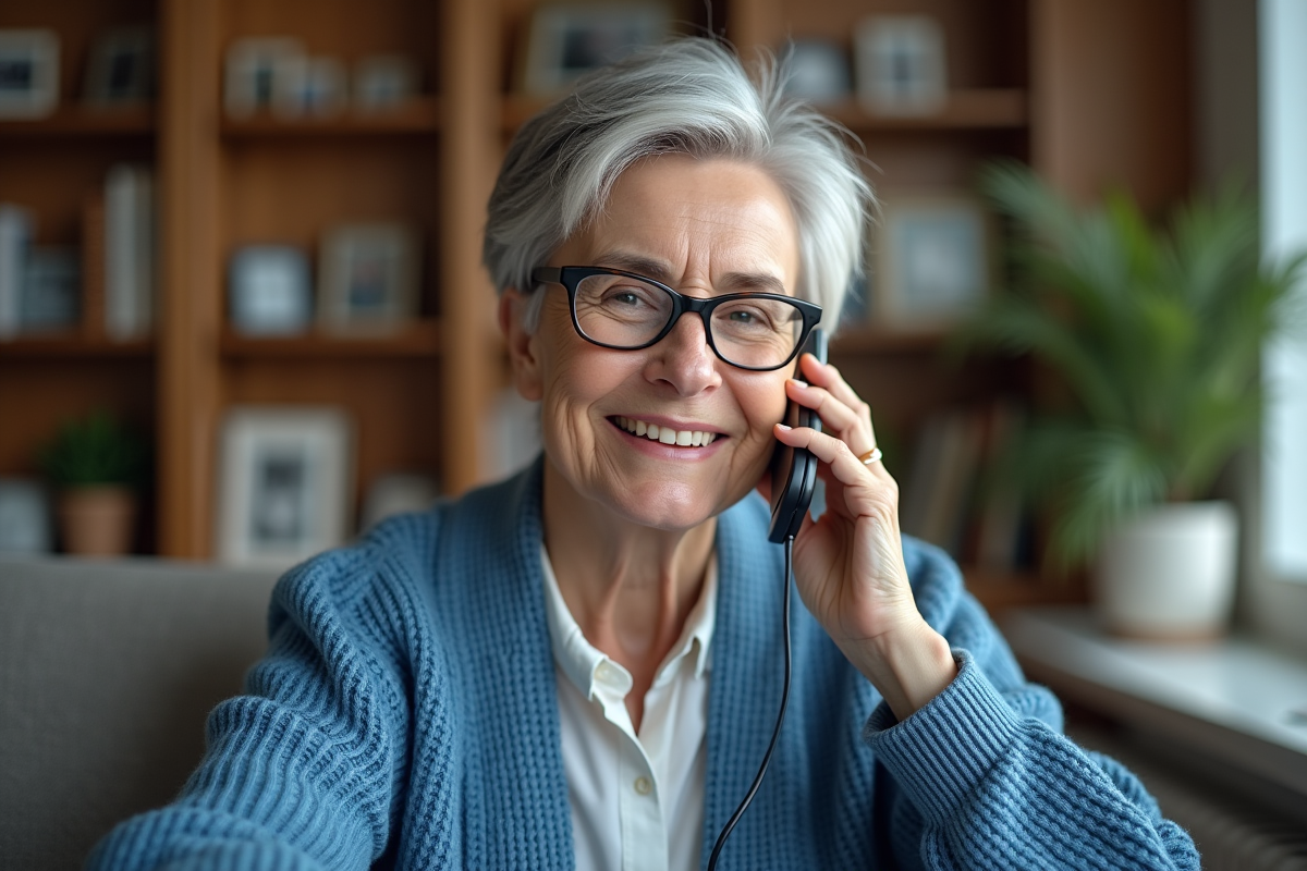 Femme senior souriante au téléphone dans un salon chaleureux