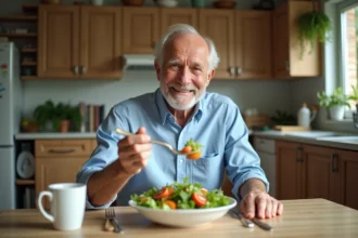 Senior homme mangeant une salade dans une cuisine chaleureuse