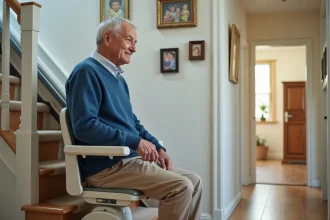 Homme âgé assis sur un monte-escalier dans une maison lumineuse
