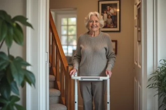 Femme âgée souriante utilisant un appareil de mobilité à domicile