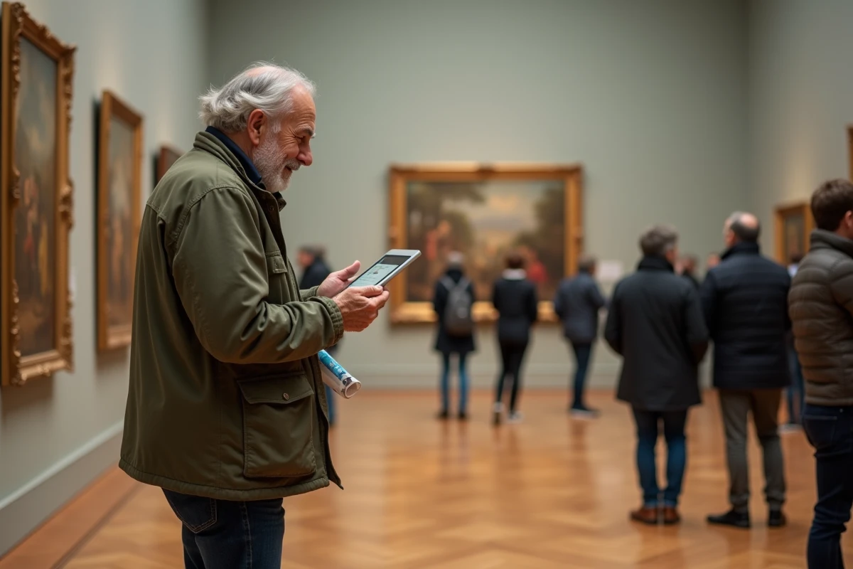 Senior actif visitant un musée parisien avec audioguide, découvrant une peinture impressionniste lors d'une sortie culturelle organisée