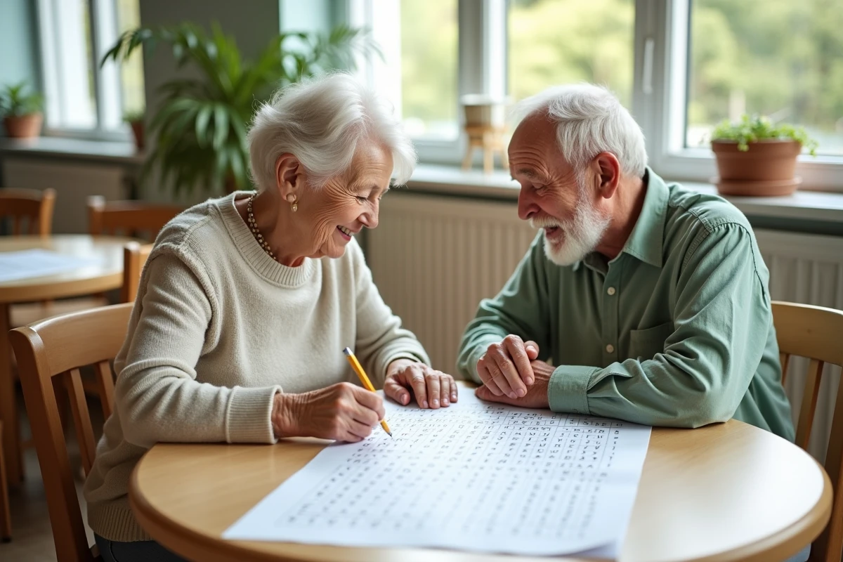 Deux personnes âgées faisant ensemble des mots mêlés en grand format imprimés sur une table