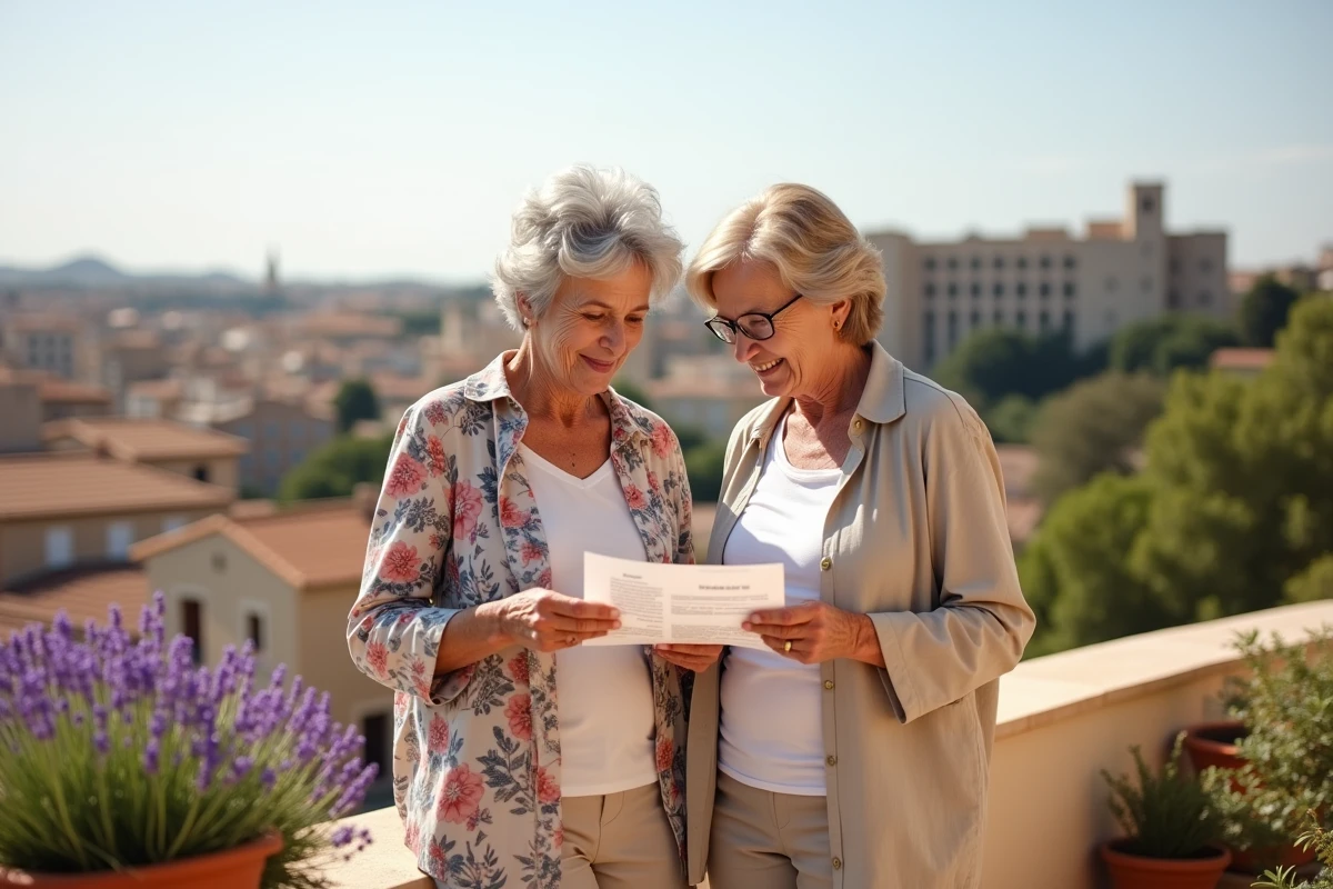 Deux femmes seniors consultant une brochure sur les résidences et EHPAD sur une terrasse avec vue sur Nîmes