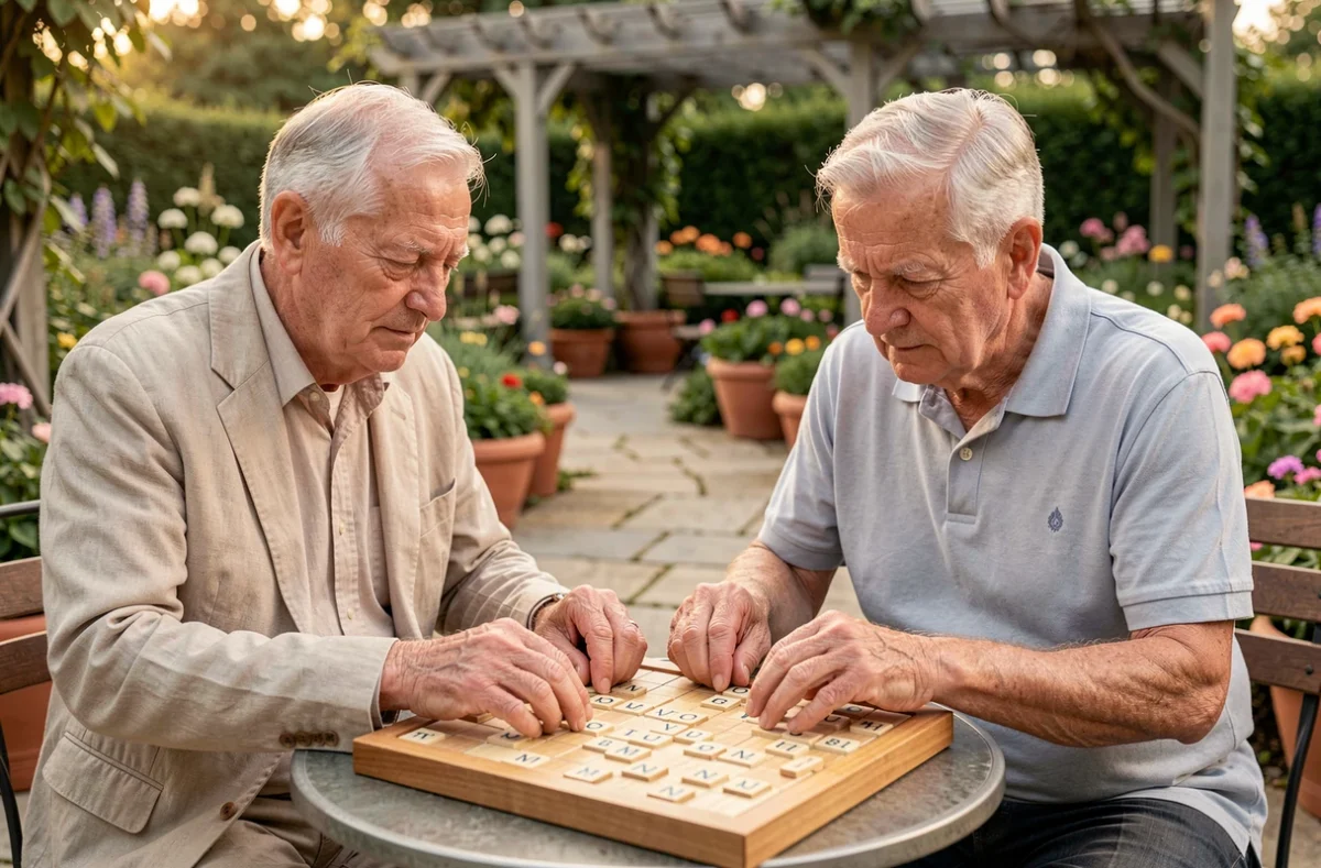 Deux hommes âgés jouent au Scrabble en plein air dans un jardin communautaire, moment de convivialité entre seniors