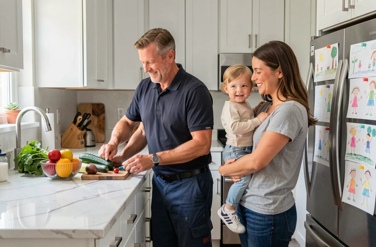 Professionnel de services à domicile aidant une jeune mère dans une cuisine familiale moderne, aide aux familles à la maison