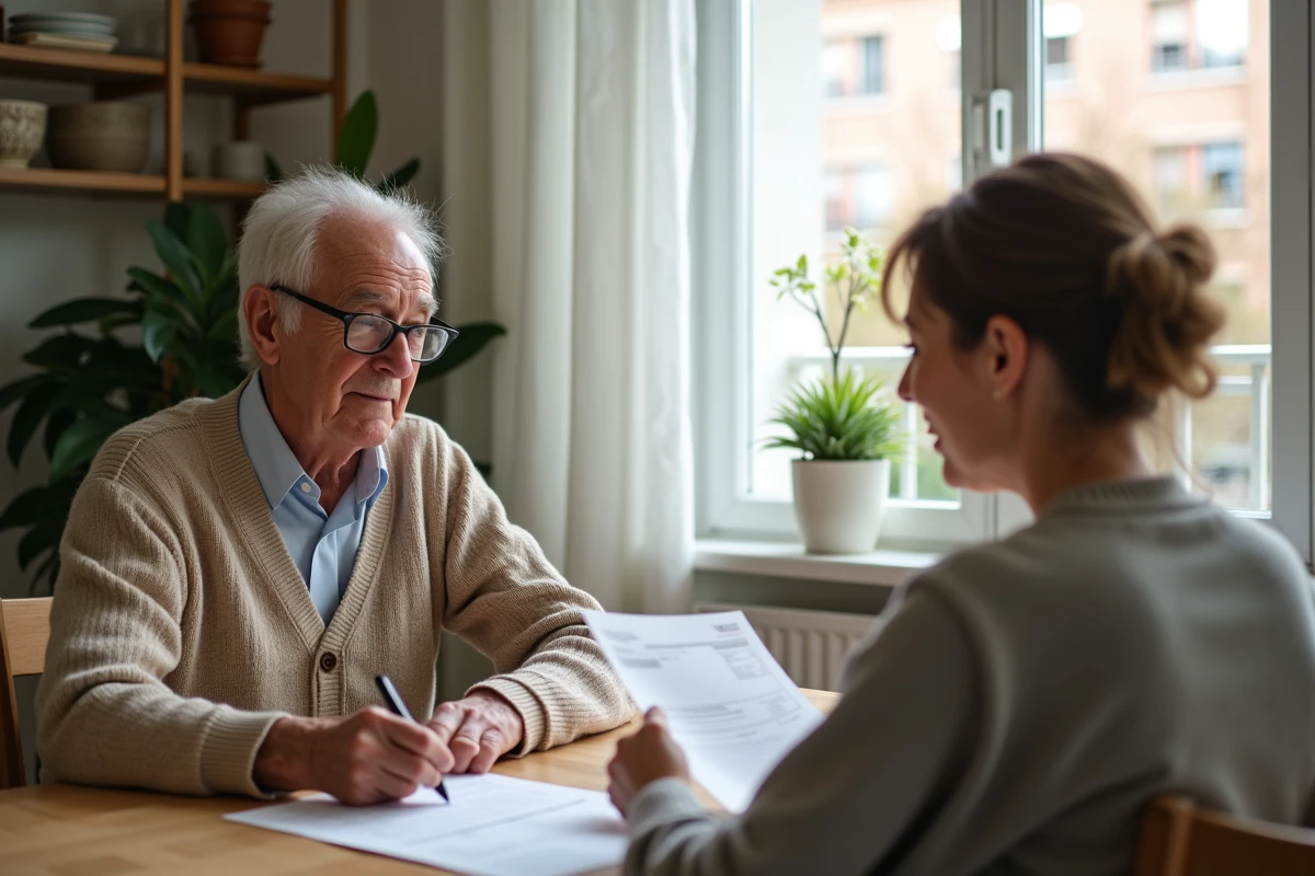 Aide soignante et senior signent un document dans un intérieur chaleureux
