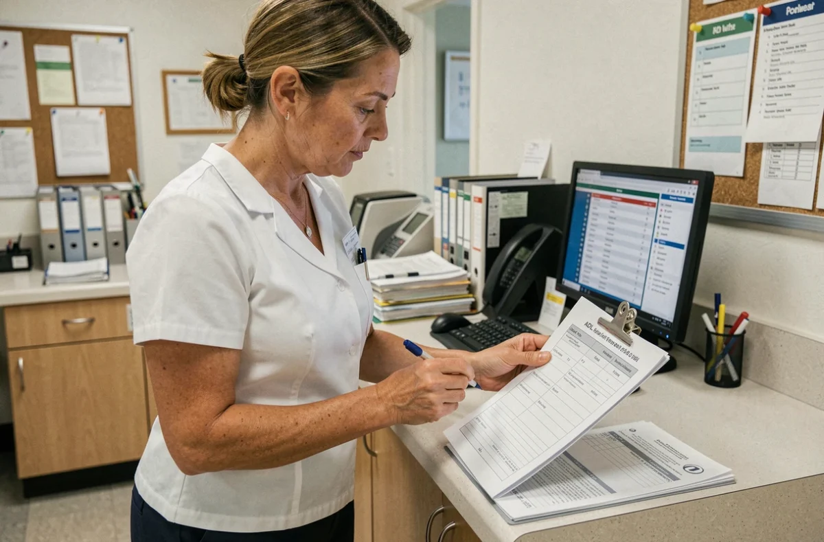 Soignante consultant rapidement une fiche de scores ADL au poste infirmier dans un service de soins surchargé