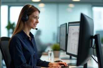 Agente de support LogisFil assise à son bureau avec casque téléphonique et écrans de tableau de bord logistique