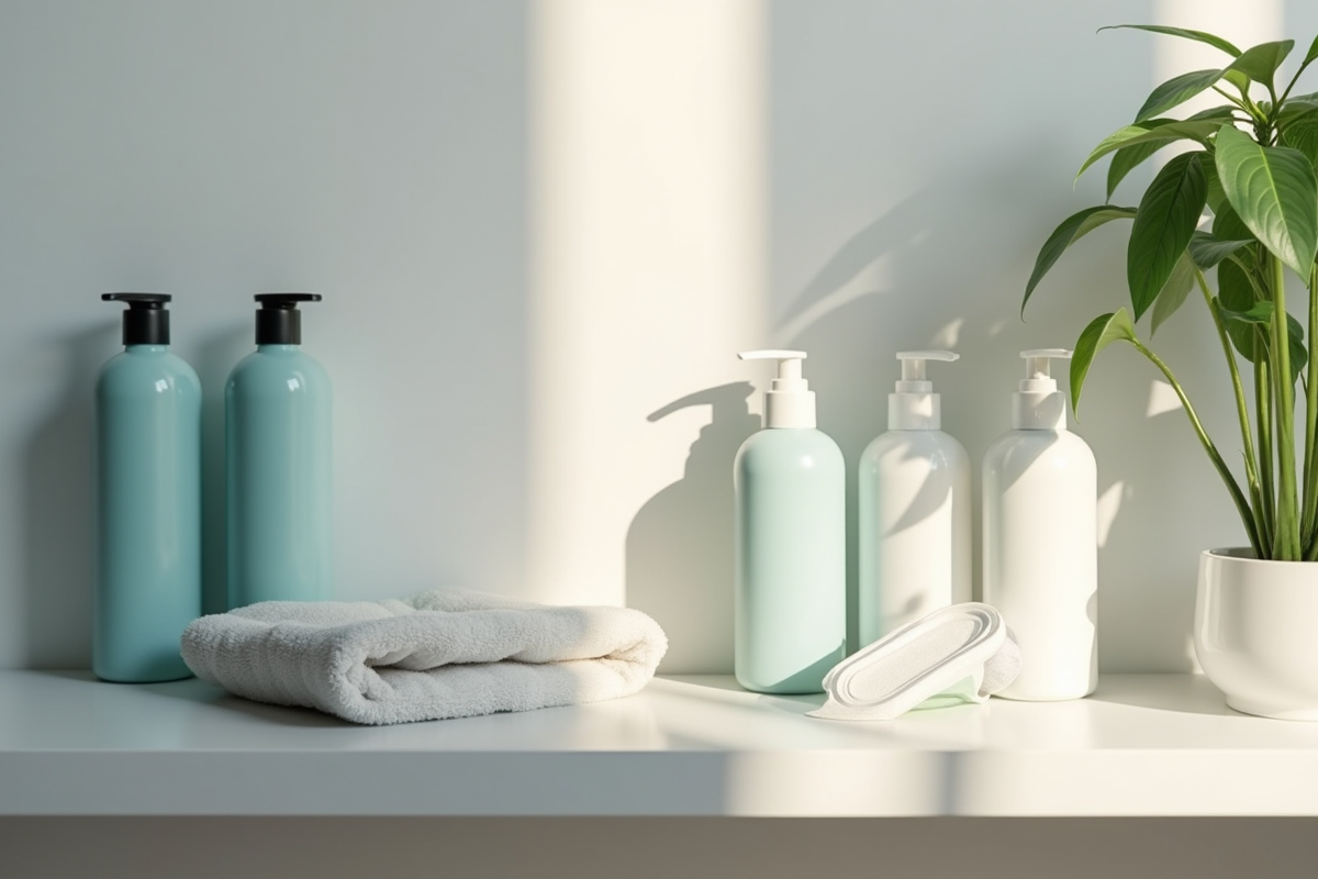 Étagère de salle de bain avec produits d