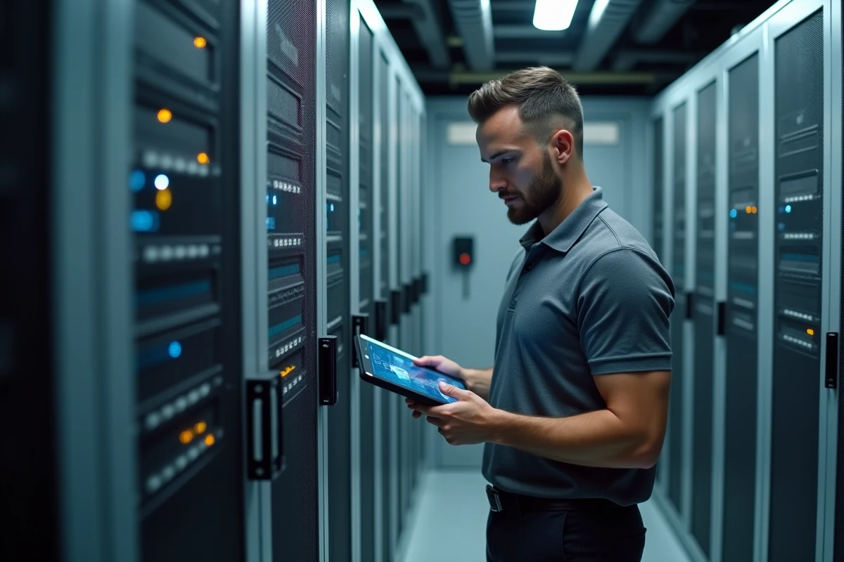 Technicien informatique gérant la sécurité des données dans la salle serveur d'un EHPAD