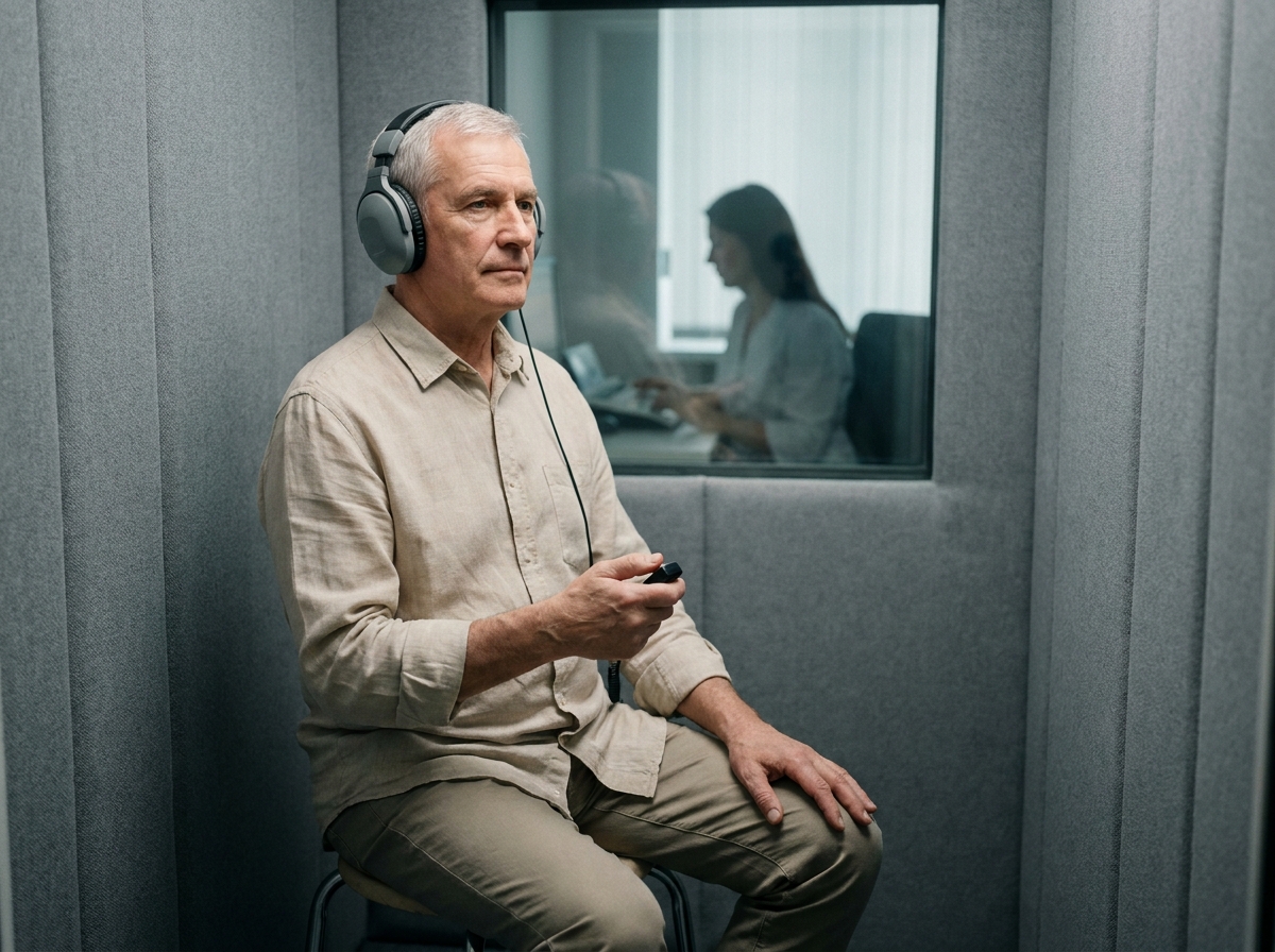 Homme senior dans une cabine audiométrique insonorisée portant un casque de test auditif
