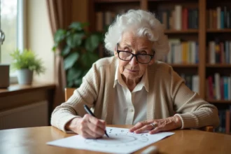 Une femme âgée en EHPAD réalise le test de l'horloge, dessinant une horloge sur une feuille blanche sous la supervision d'un soignant