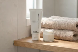 Tube de pommade posé sur une étagère de salle de bain