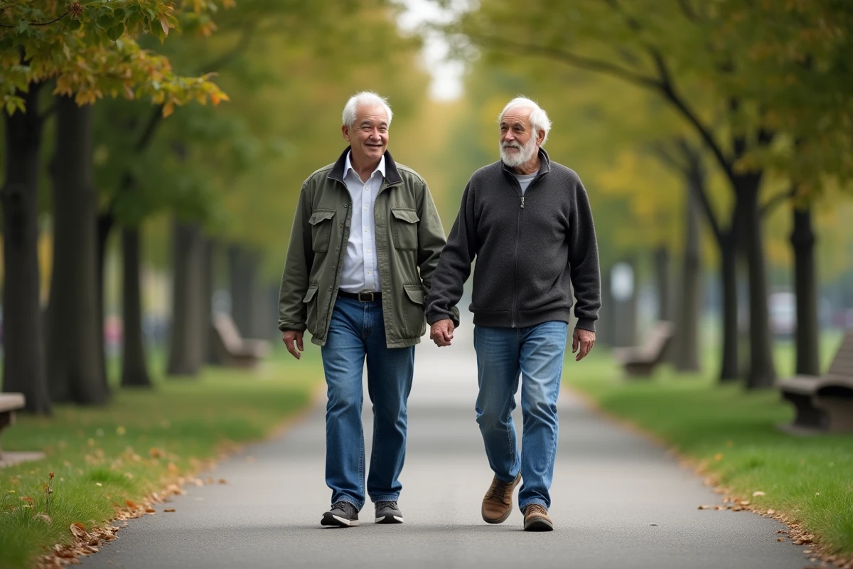 Homme de 40 ans et homme âgé de 70 ans marchant ensemble dans un parc, comparaison de vitesse de marche par âge