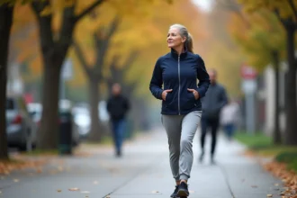 Femme de 60 ans marchant à vive allure sur un trottoir urbain, illustrant la vitesse de marche selon l'âge