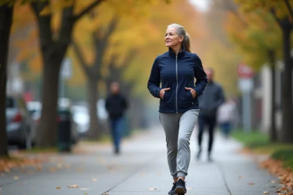 Femme de 60 ans marchant à vive allure sur un trottoir urbain, illustrant la vitesse de marche selon l'âge